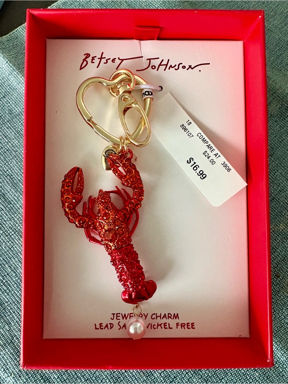 Betsey Johnson Red Crystal Lobster Keychain with Gold Hardware